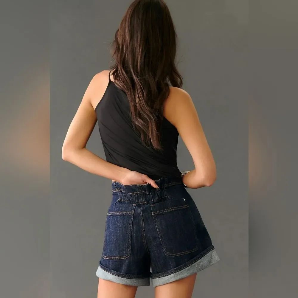 NWT Anthropologie Pilcro Cinch-Waist Roll-hem Dark Wash Shorts Size 30 - Picture 4 of 11